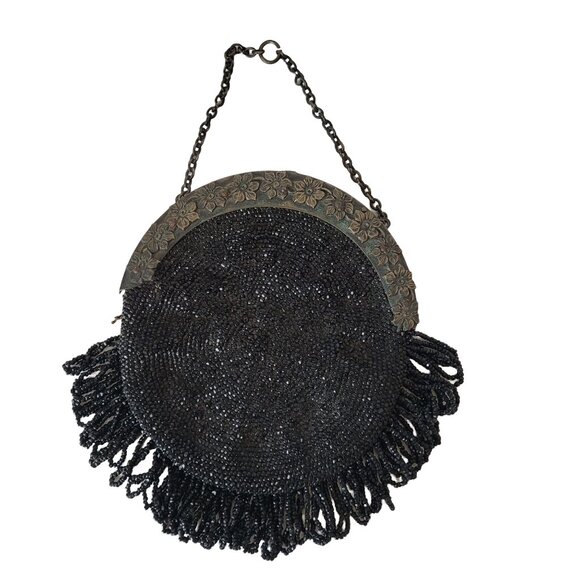 Black Beaded Small Purse With Floral Metal Frame & Fringe Detail Antique - Picture 2 of 10